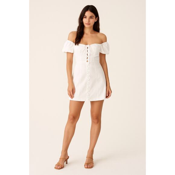 ZARA Off The Shoulder Puff Sleeves Mini Dress With Detail L - Picture 1 of 11